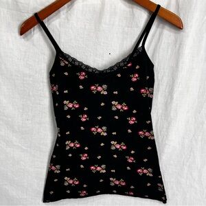 Vintage Y2K Camisole Black Ditsy Floral Tank Top Lace Spaghetti Strap Small Med
